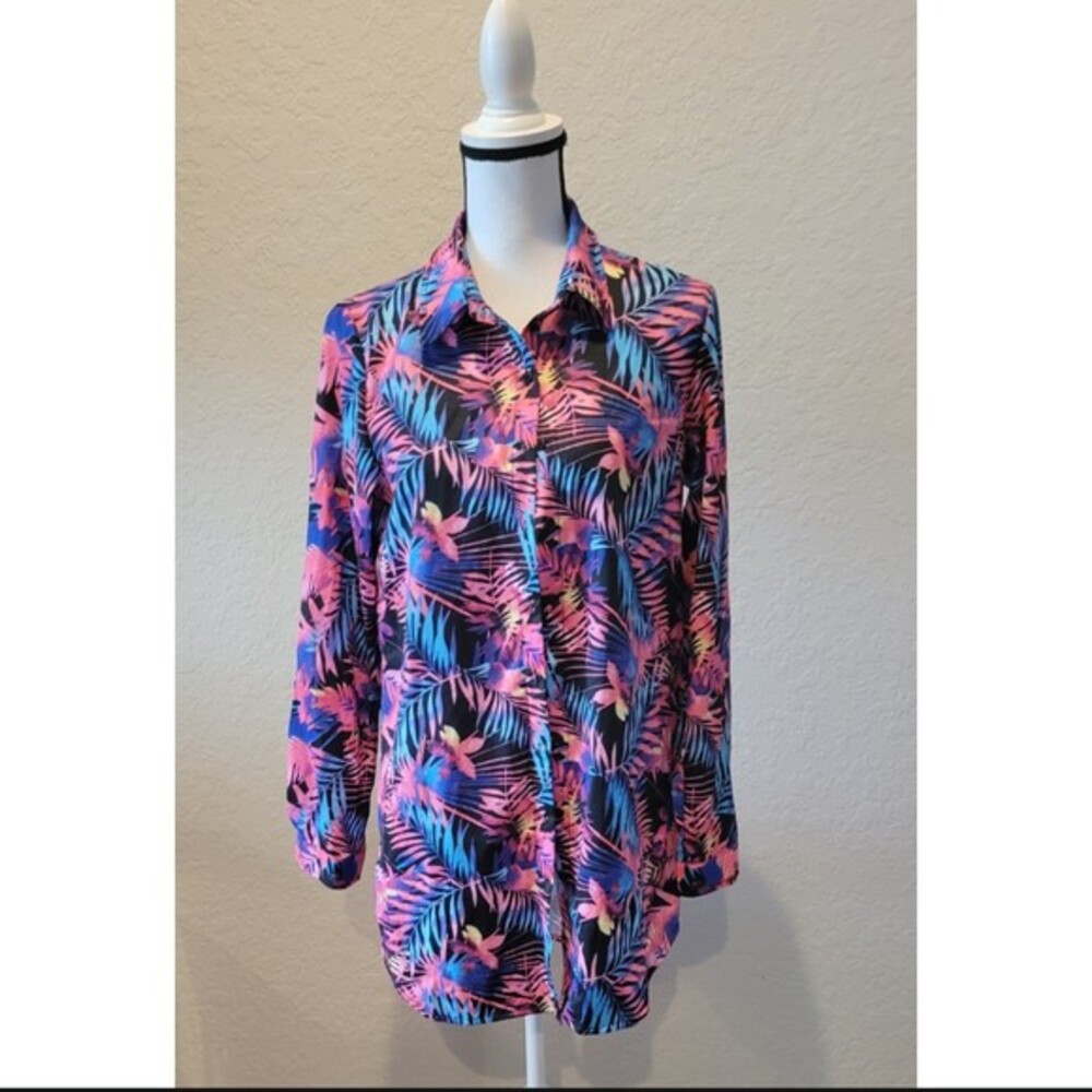 Multicolor Tropical Print Long Sleeve Coverup